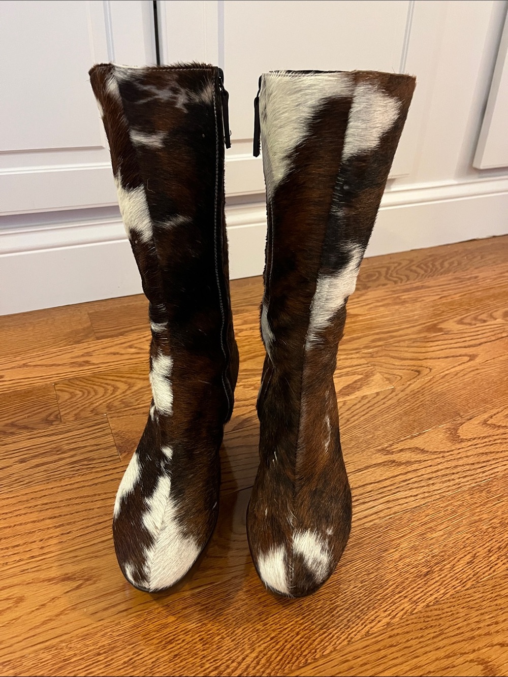 Vicini Made in Italy Cowhide Mid-Calf Wedge Boots in Brown & White